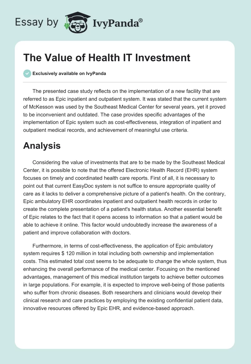 The Value of Health IT Investment. Page 1