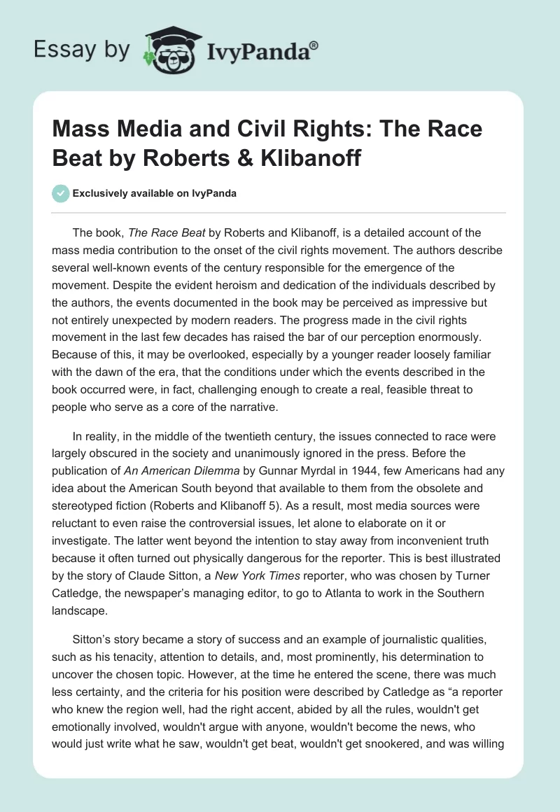 Mass Media and Civil Rights: "The Race Beat" by Roberts & Klibanoff. Page 1
