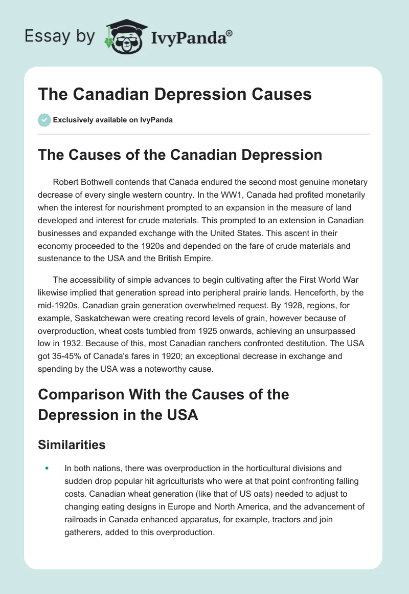 The Canadian Depression Causes. Page 1