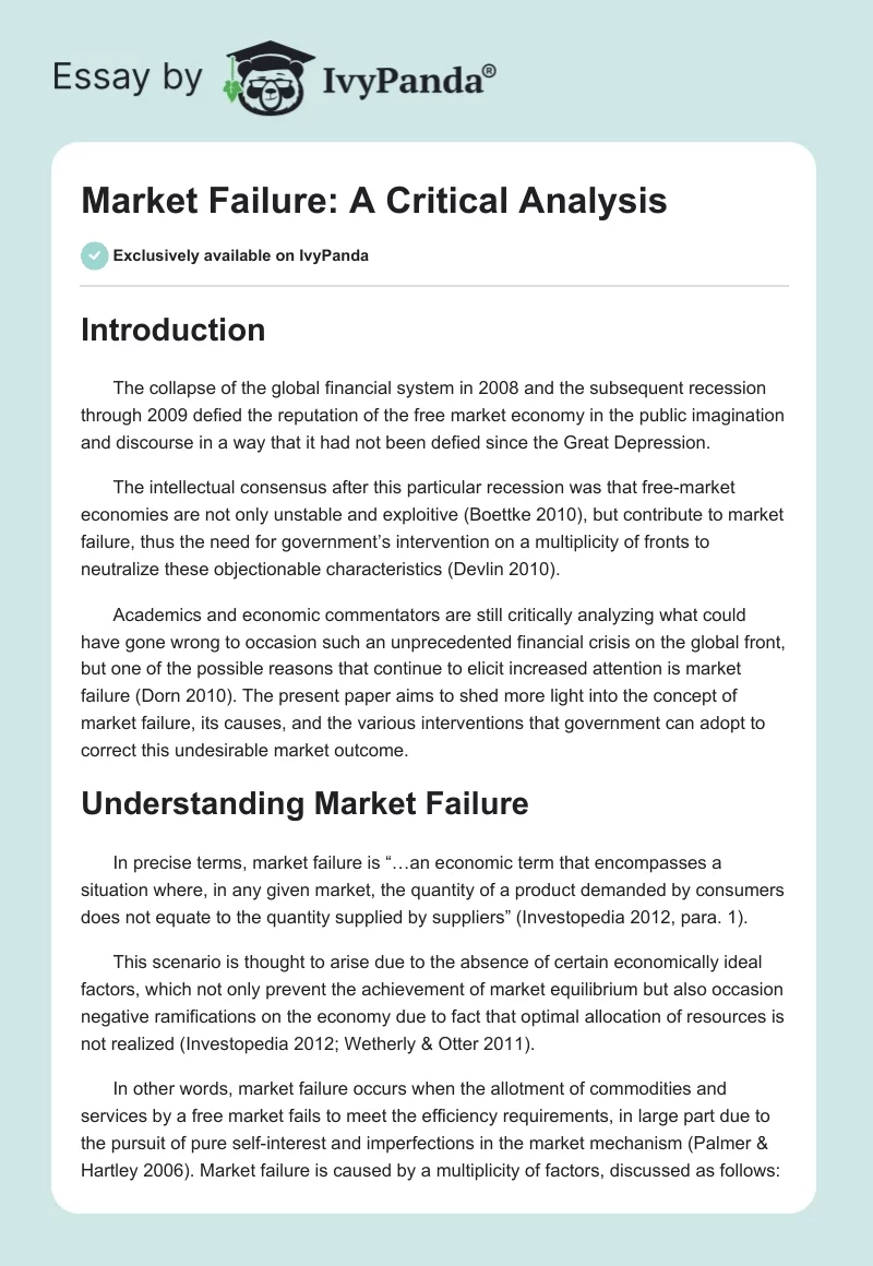 Market Failure: A Critical Analysis. Page 1