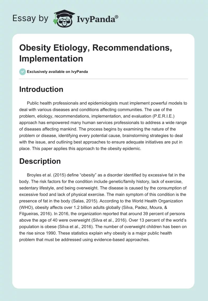 Obesity Etiology, Recommendations, Implementation. Page 1