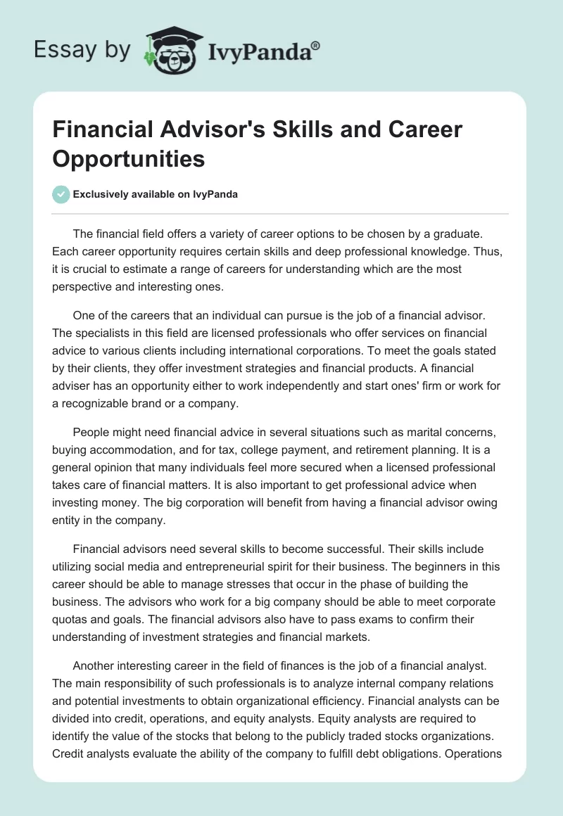 Financial Advisor's Skills and Career Opportunities. Page 1