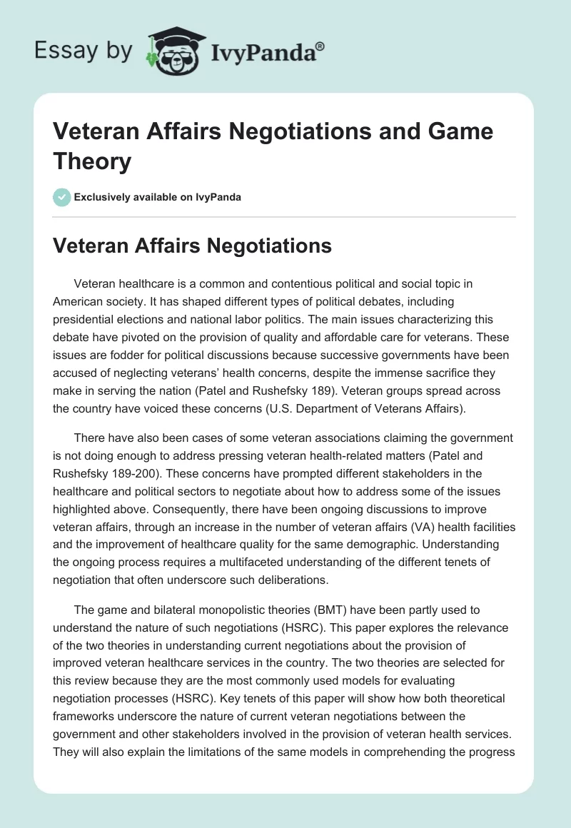 Veteran Affairs Negotiations and Game Theory. Page 1