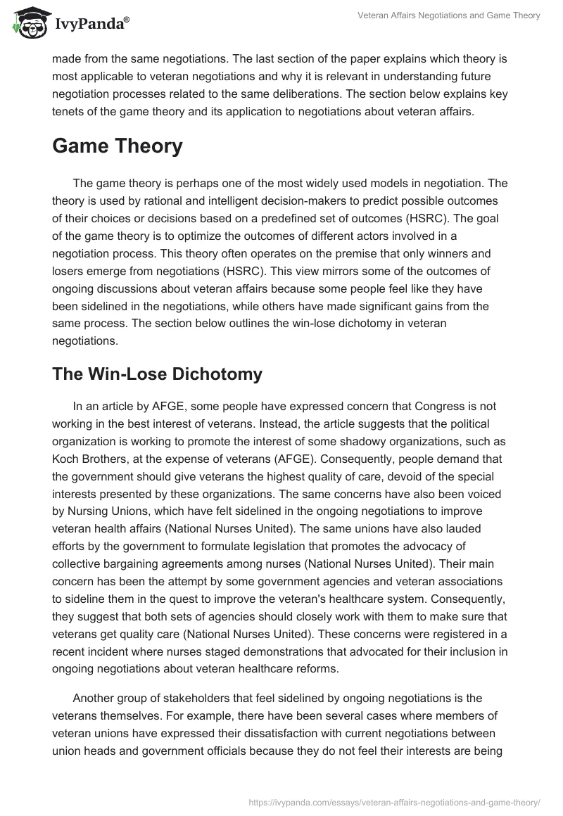 Veteran Affairs Negotiations and Game Theory. Page 2