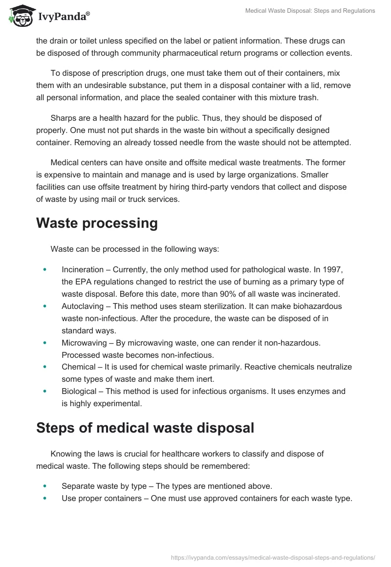 Medical Waste Disposal Steps and Regulations 601 Words Case Study