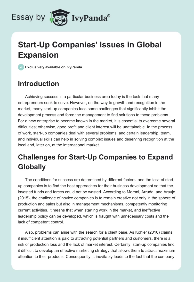 Start-Up Companies' Issues in Global Expansion. Page 1