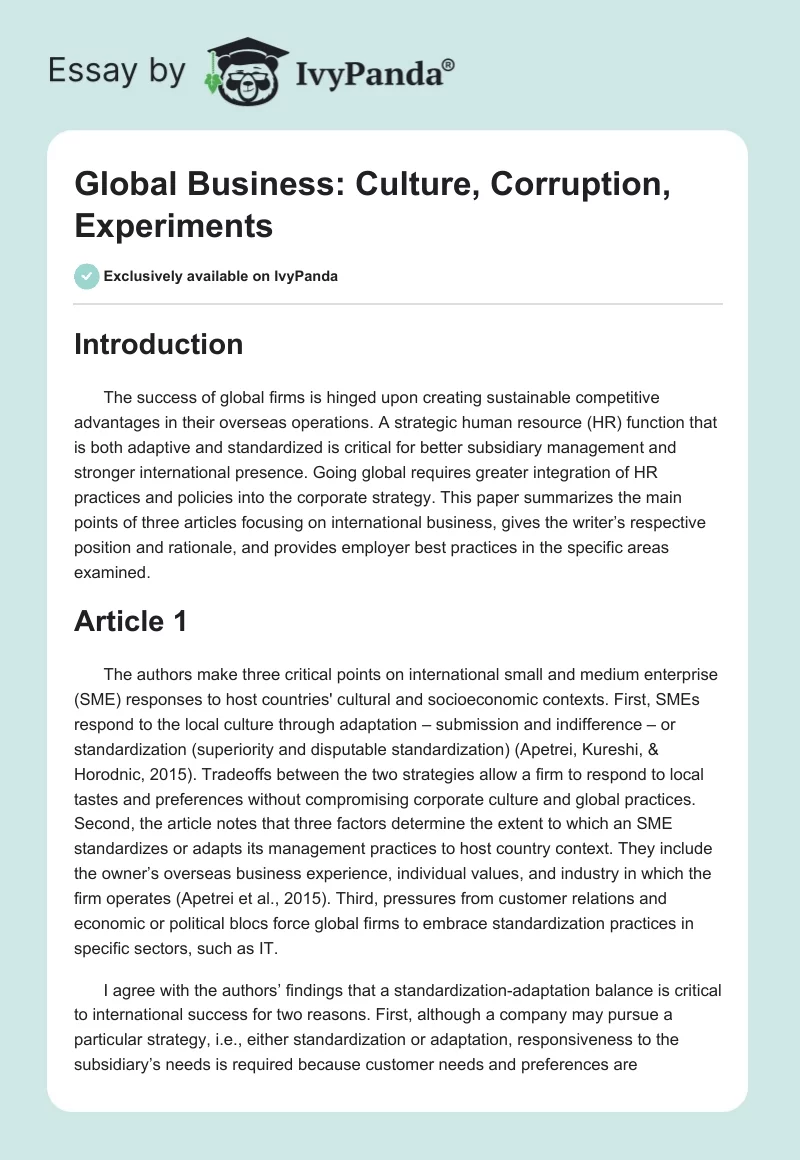 Global Business: Culture, Corruption, Experiments. Page 1