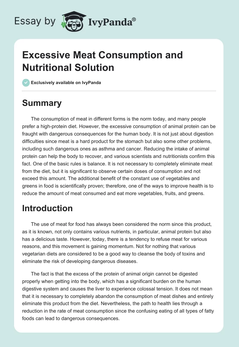 Excessive Meat Consumption and Nutritional Solution. Page 1