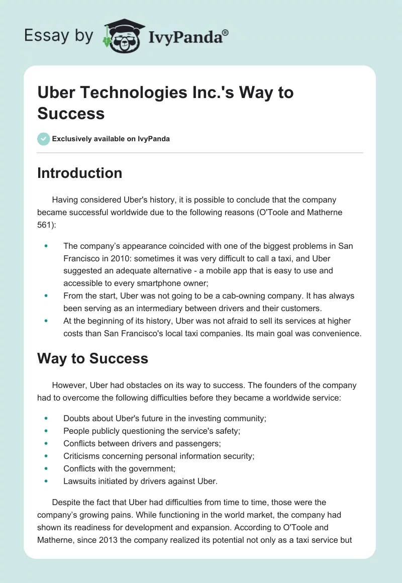 Uber Technologies Inc.'s Way to Success. Page 1