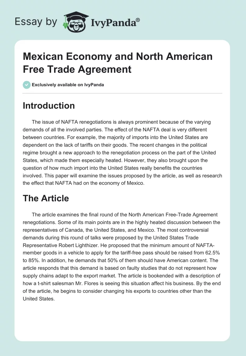 Mexican Economy and North American Free Trade Agreement. Page 1