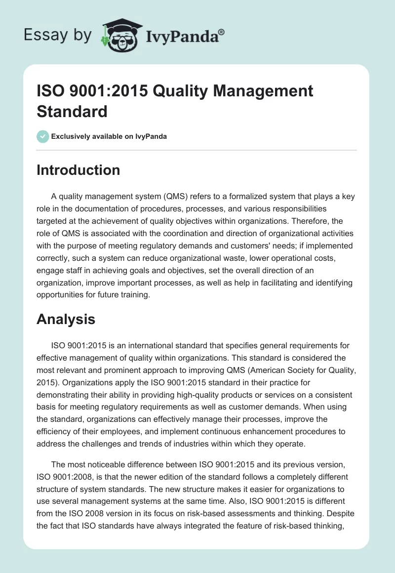 ISO 9001:2015 Quality Management Standard. Page 1