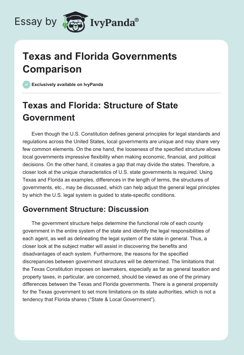 Texas and Florida Governments Comparison. Page 1