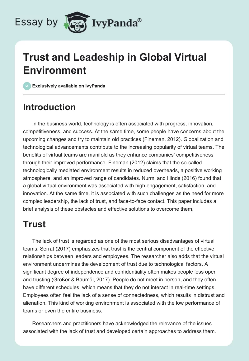 Trust and Leadeship in Global Virtual Environment. Page 1
