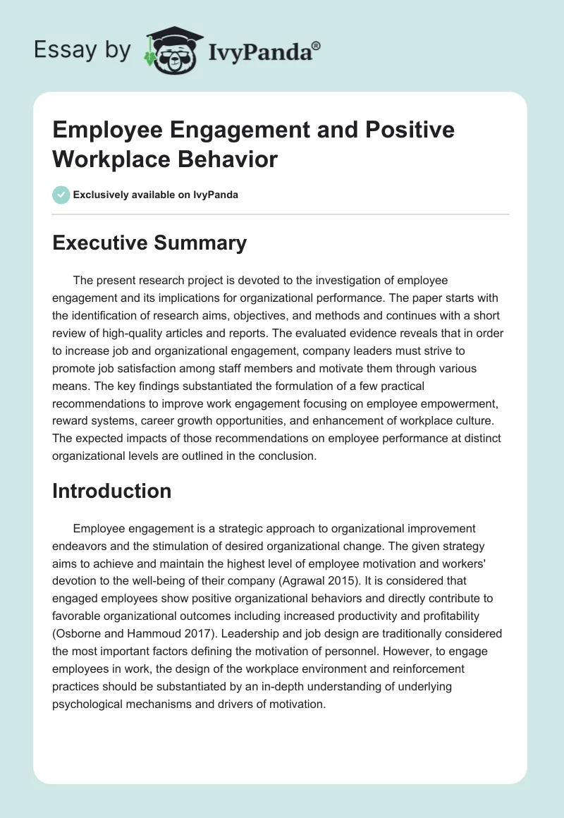 Employee Engagement and Positive Workplace Behavior. Page 1