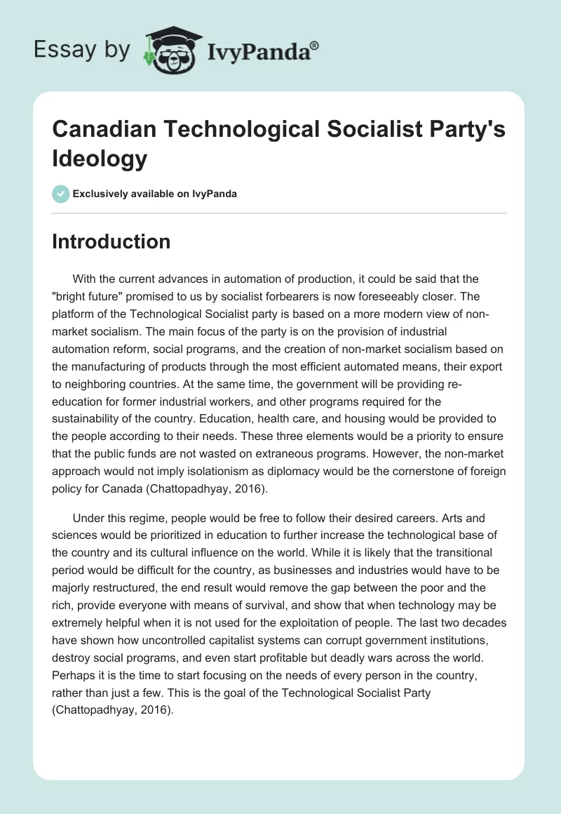Canadian Technological Socialist Party's Ideology. Page 1