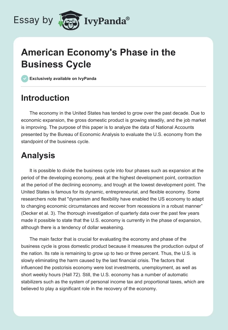 American Economy's Phase in the Business Cycle. Page 1