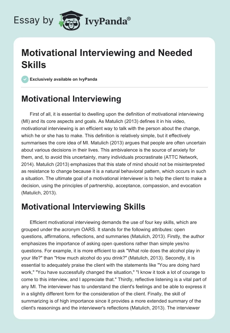 Motivational Interviewing and Needed Skills. Page 1