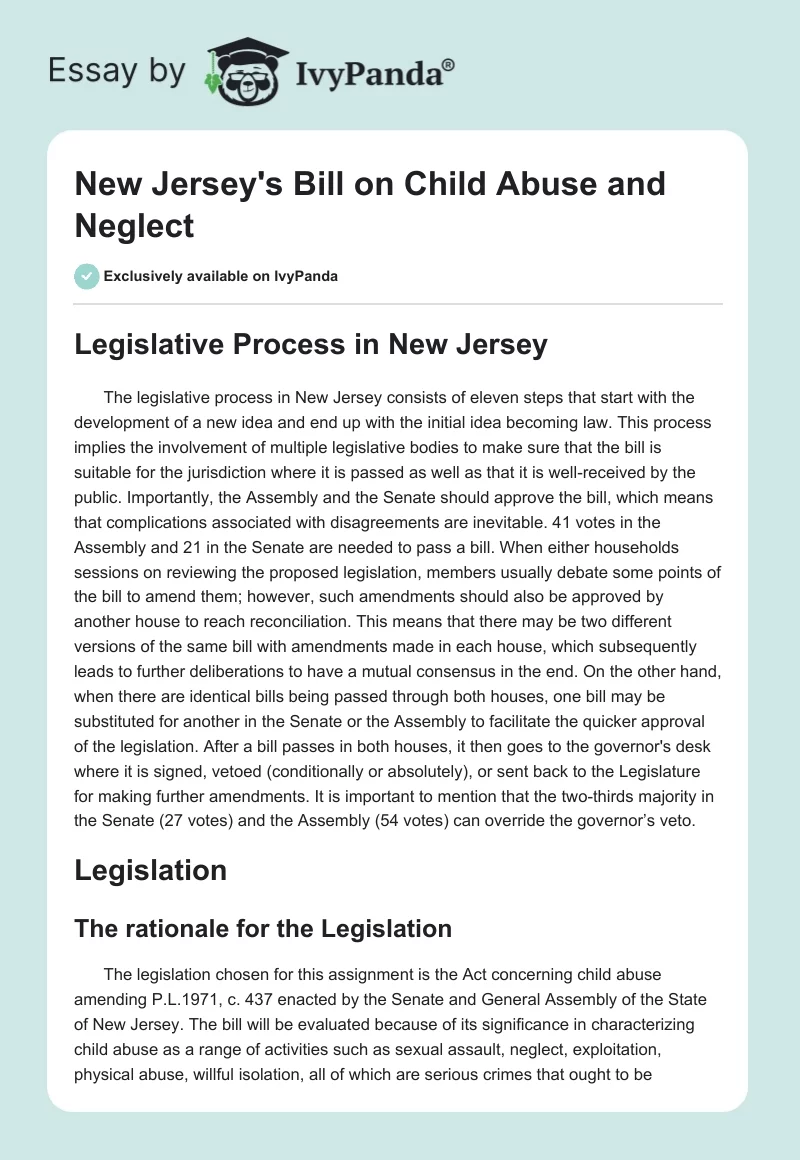 New Jersey's Bill on Child Abuse and Neglect. Page 1