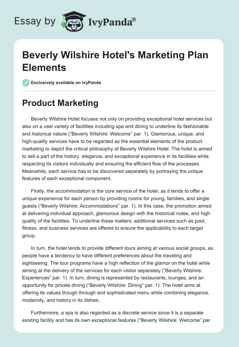 Beverly Wilshire Hotel's Marketing Plan Elements. Page 1