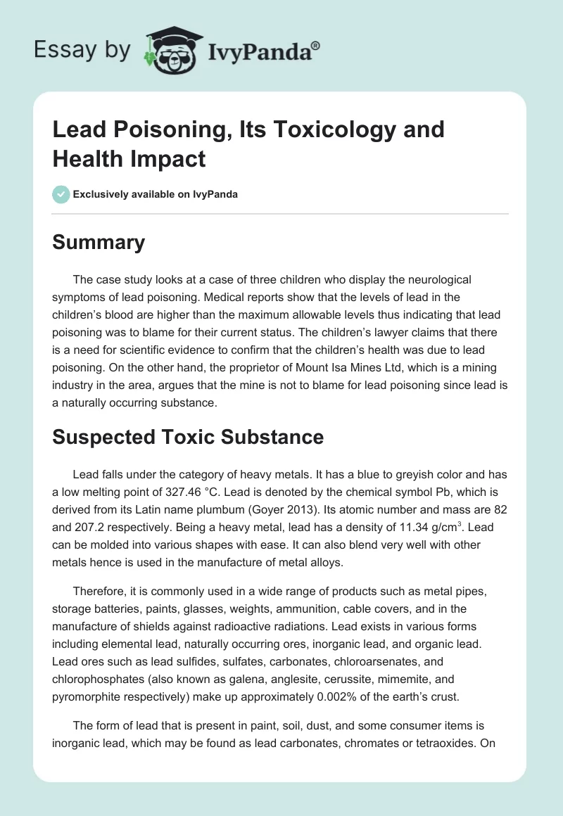 Lead Poisoning, Its Toxicology and Health Impact. Page 1
