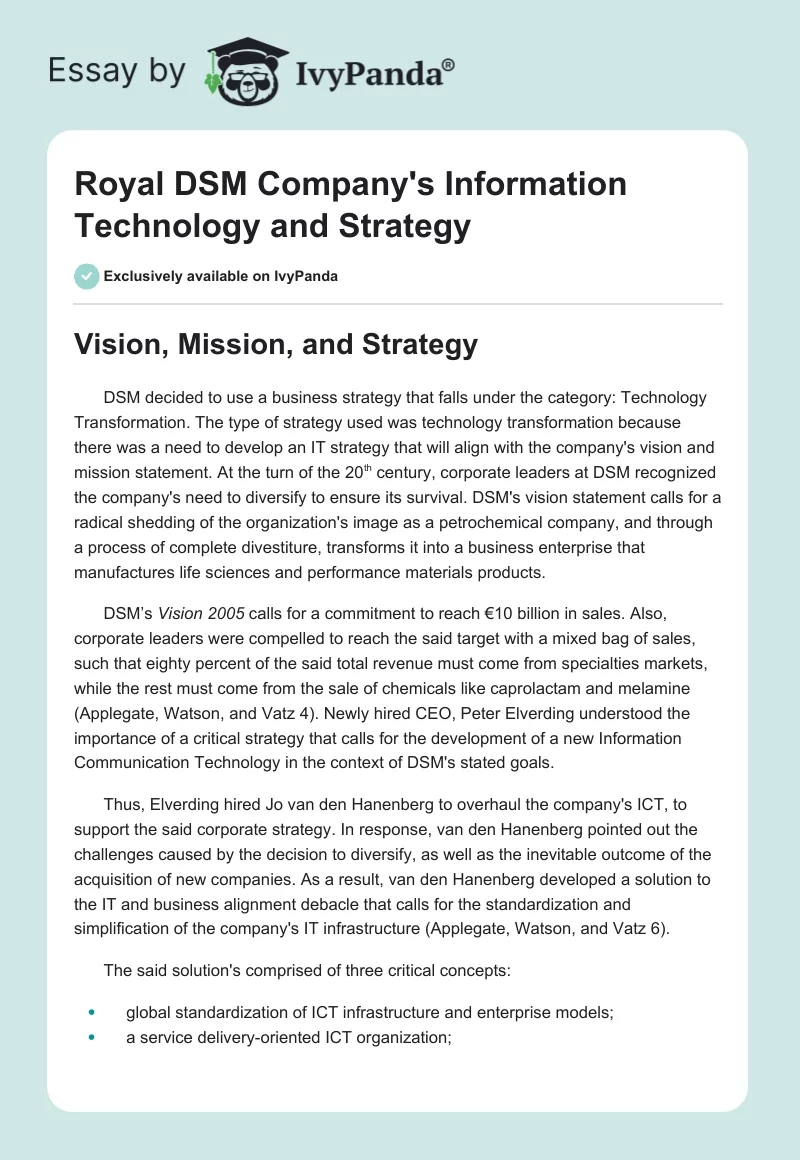 Royal DSM Company's Information Technology and Strategy. Page 1