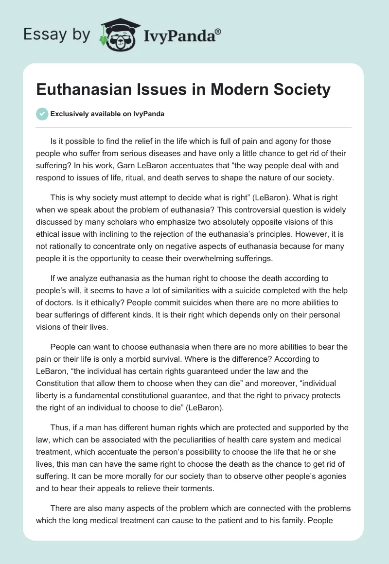 Euthanasian Issues in Modern Society. Page 1