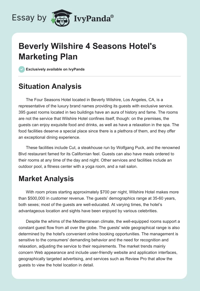 Beverly Wilshire 4 Seasons Hotel's Marketing Plan. Page 1