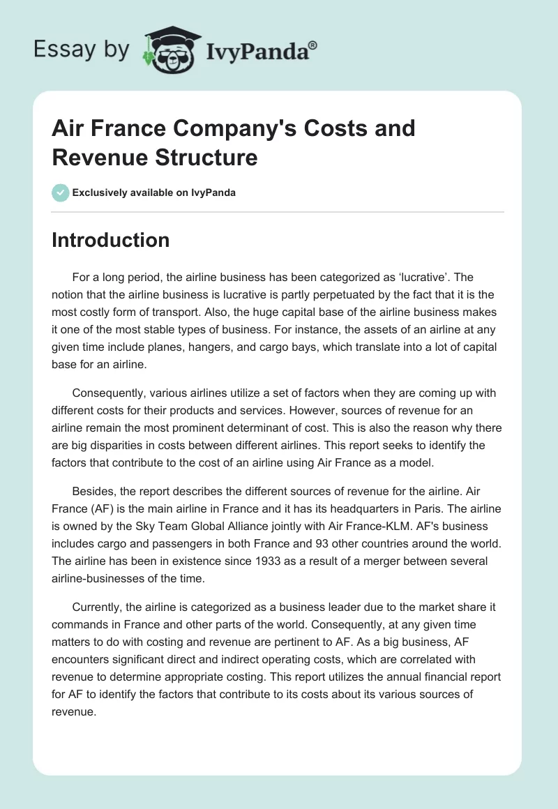 Air France Company's Costs and Revenue Structure. Page 1