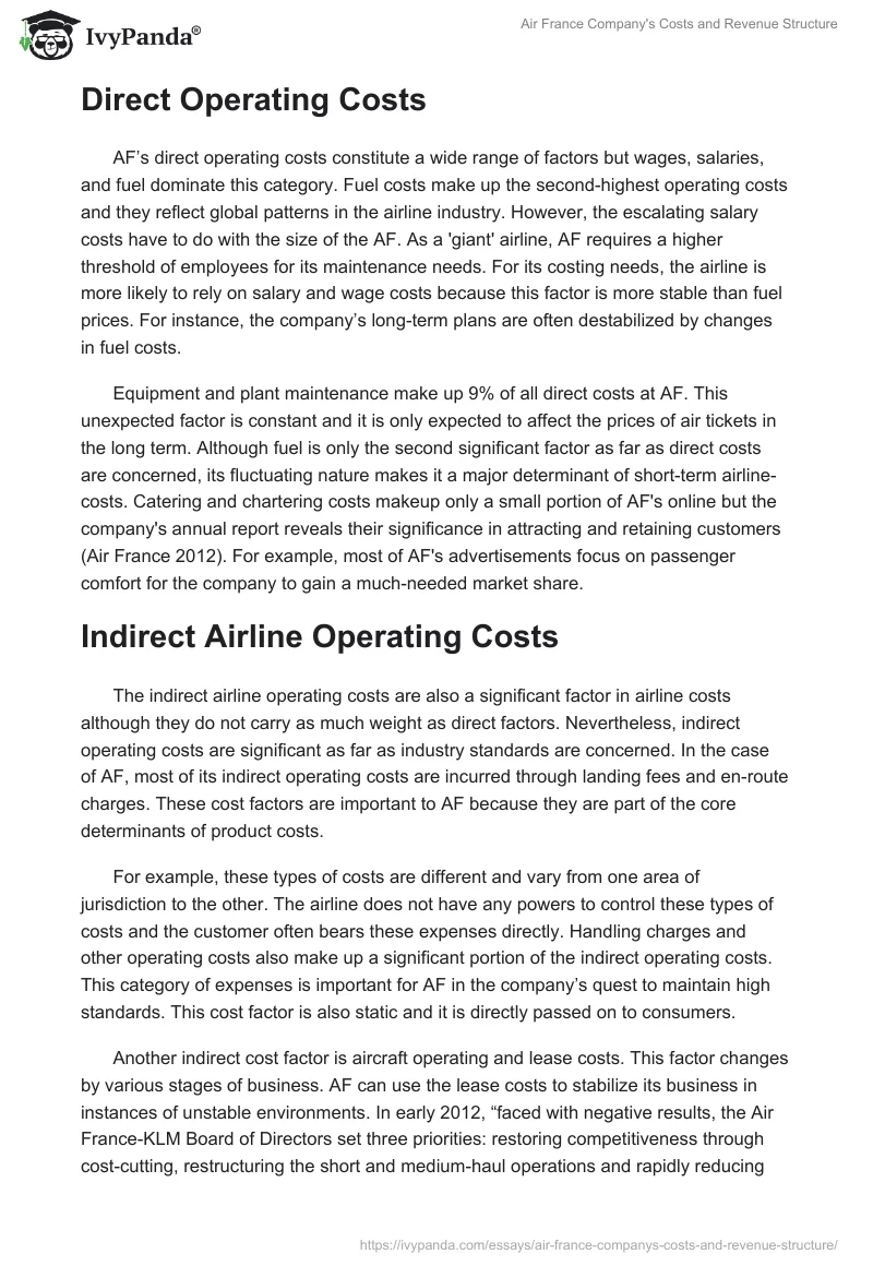 Air France Company's Costs and Revenue Structure. Page 2