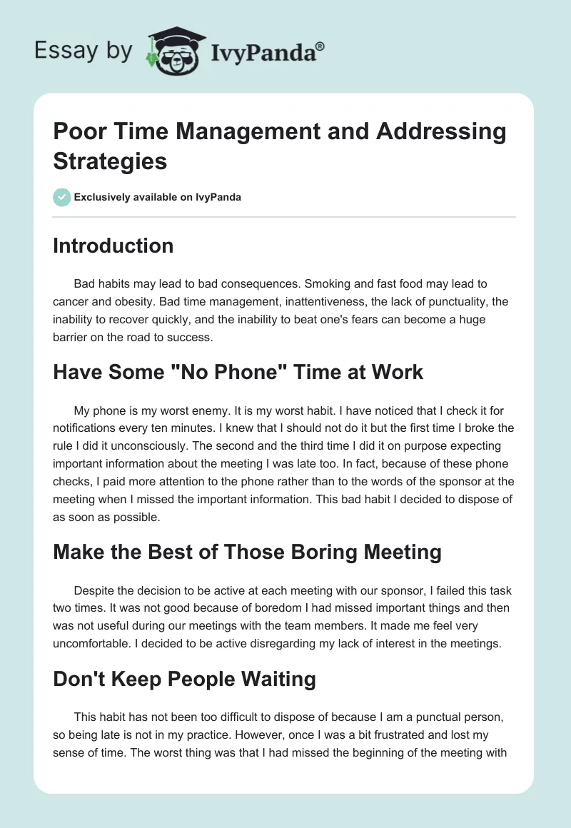 Poor Time Management and Addressing Strategies. Page 1