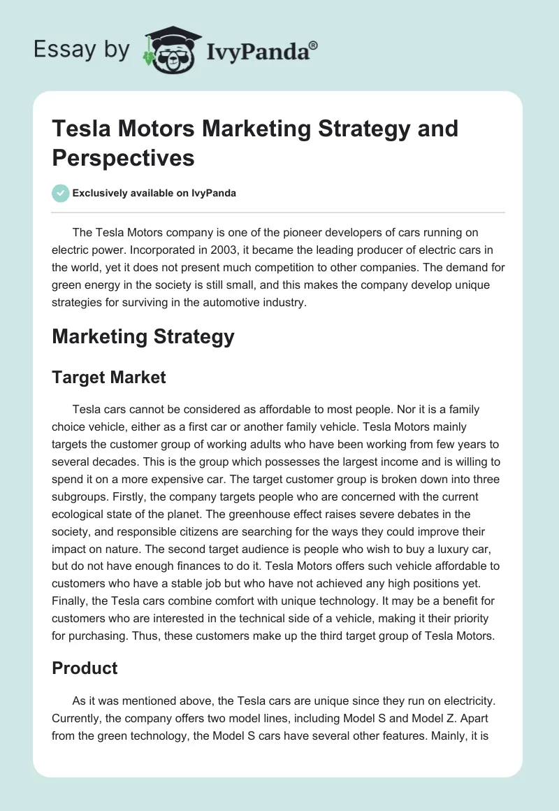 Tesla Motors Marketing Strategy and Perspectives. Page 1