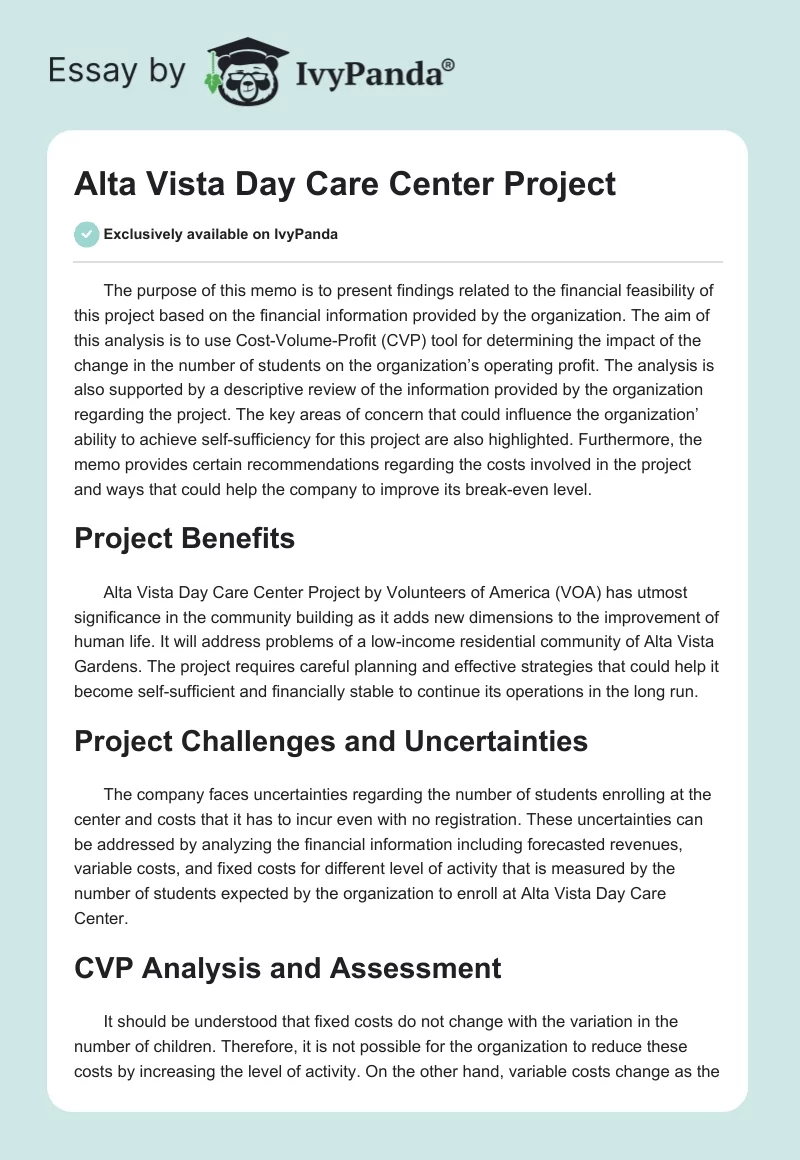 Alta Vista Day Care Center Project. Page 1