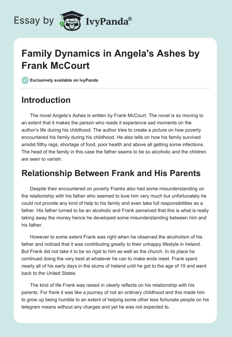 Family Dynamics in "Angela's Ashes" by Frank McCourt. Page 1