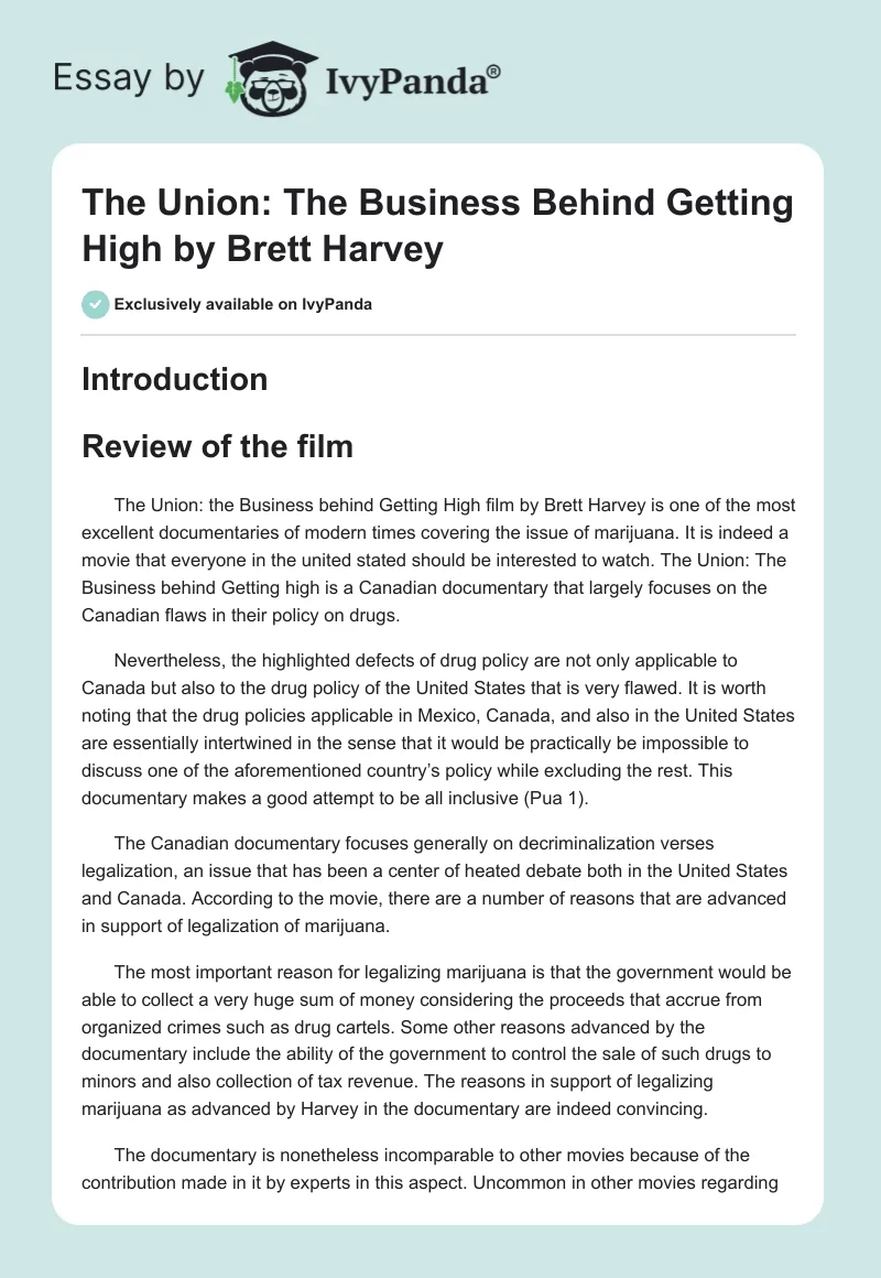 The Union: The Business Behind Getting High by Brett Harvey. Page 1