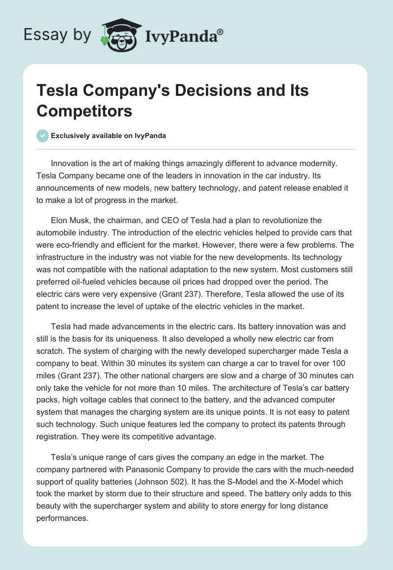 Tesla Company's Decisions and Its Competitors. Page 1
