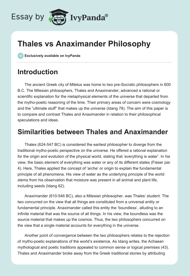 Thales vs Anaximander Philosophy. Page 1