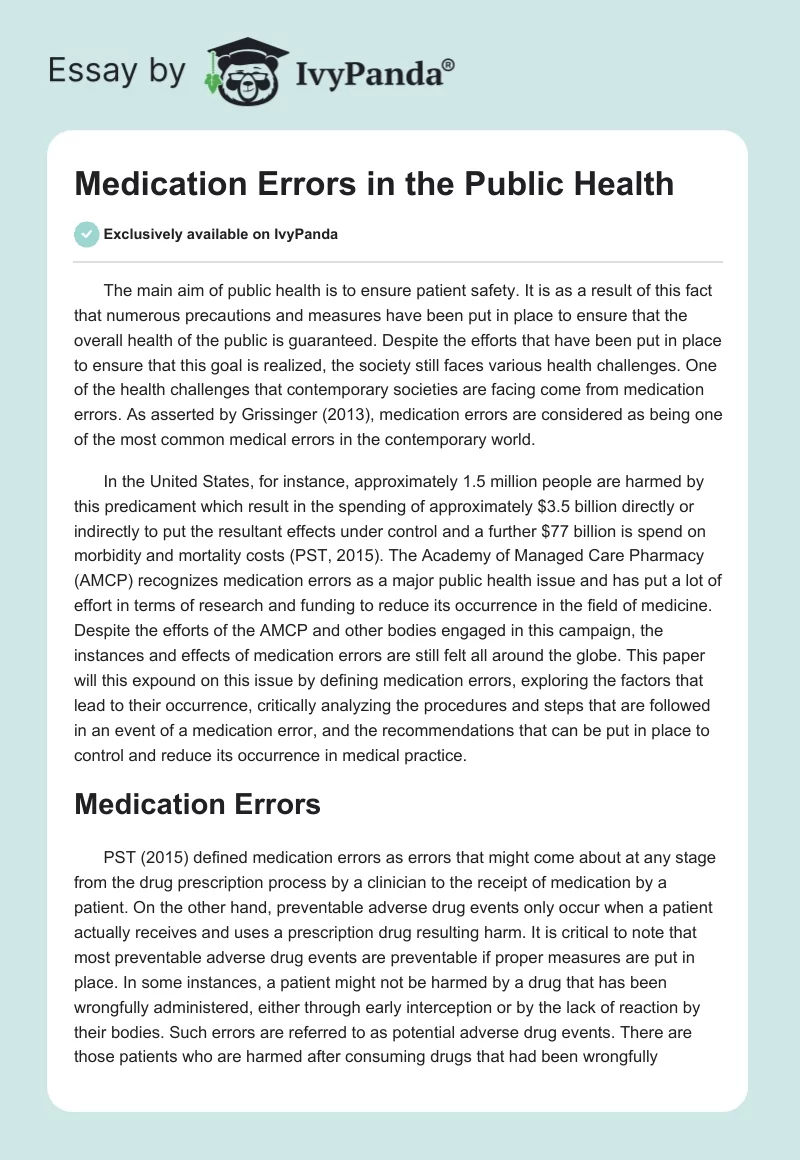 Medication Errors in the Public Health. Page 1
