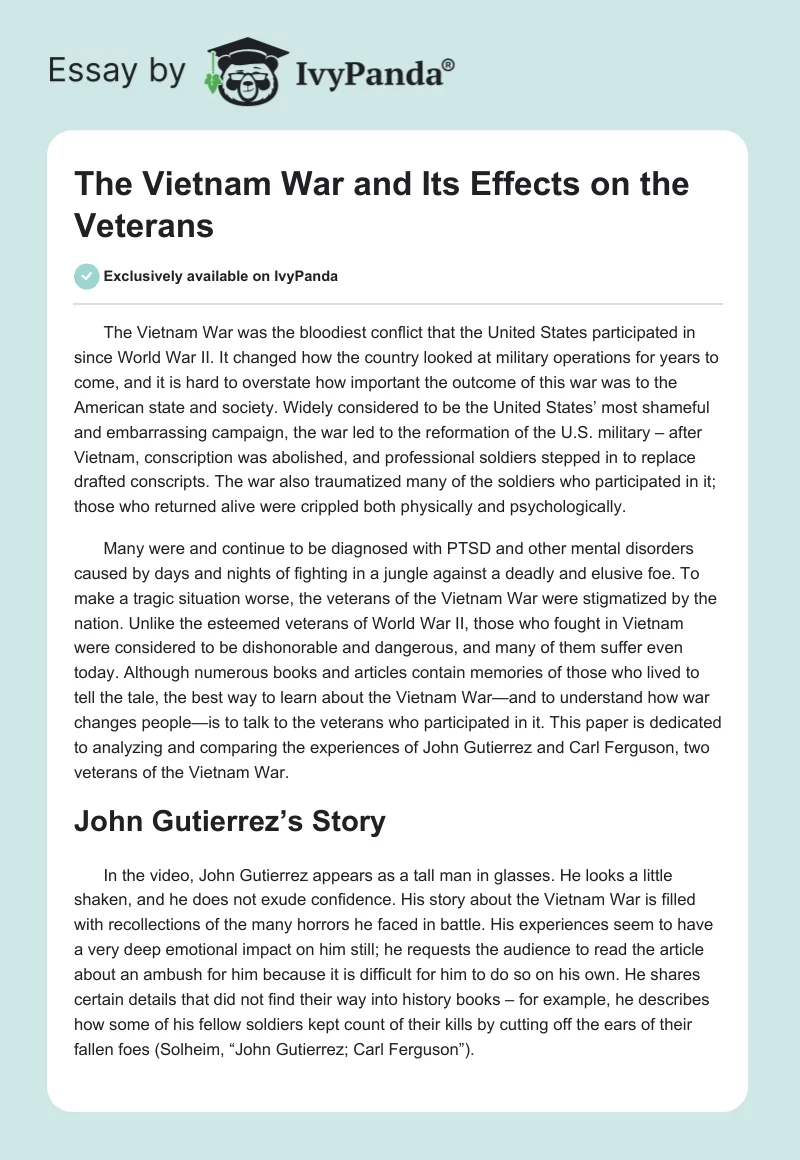 The Vietnam War and Its Effects on the Veterans. Page 1