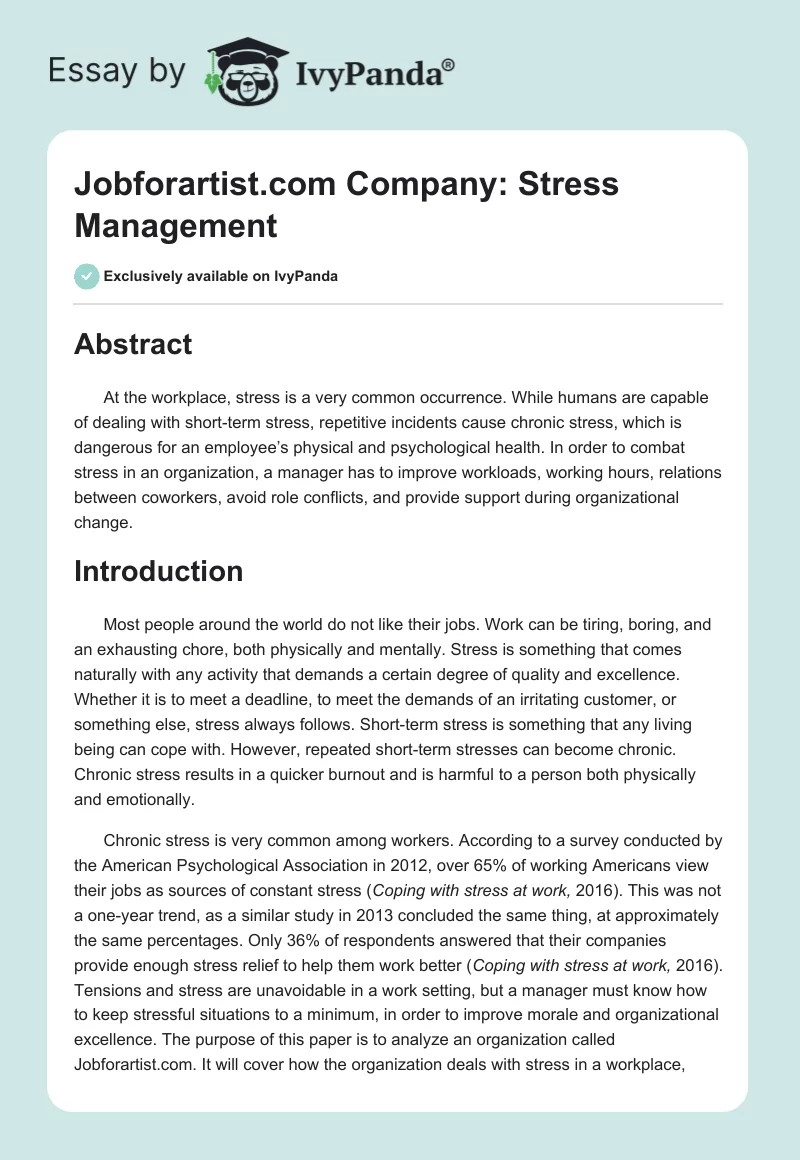 Jobforartist.com Company: Stress Management. Page 1