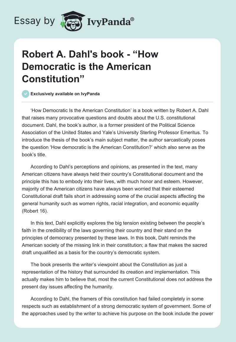 Robert A. Dahl's book - “How Democratic is the American Constitution”. Page 1