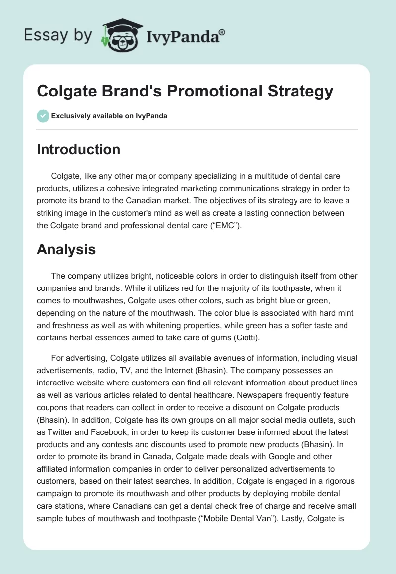 Colgate Brand's Promotional Strategy. Page 1
