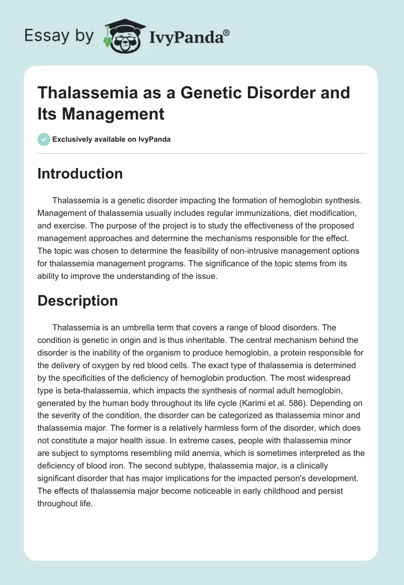 Thalassemia as a Genetic Disorder and Its Management. Page 1