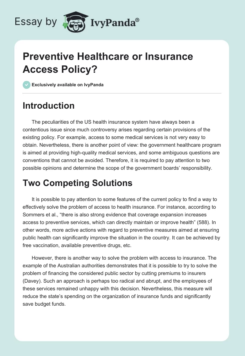 Preventive Healthcare or Insurance Access Policy?. Page 1