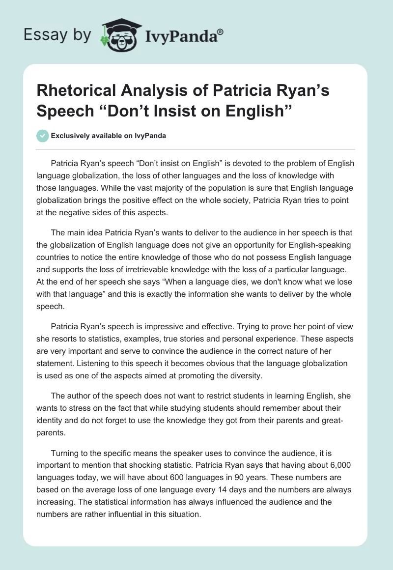 Rhetorical Analysis of Patricia Ryan’s Speech “Don’t Insist on English”. Page 1