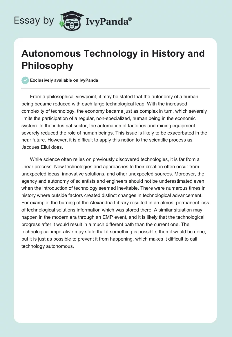 Autonomous Technology in History and Philosophy. Page 1