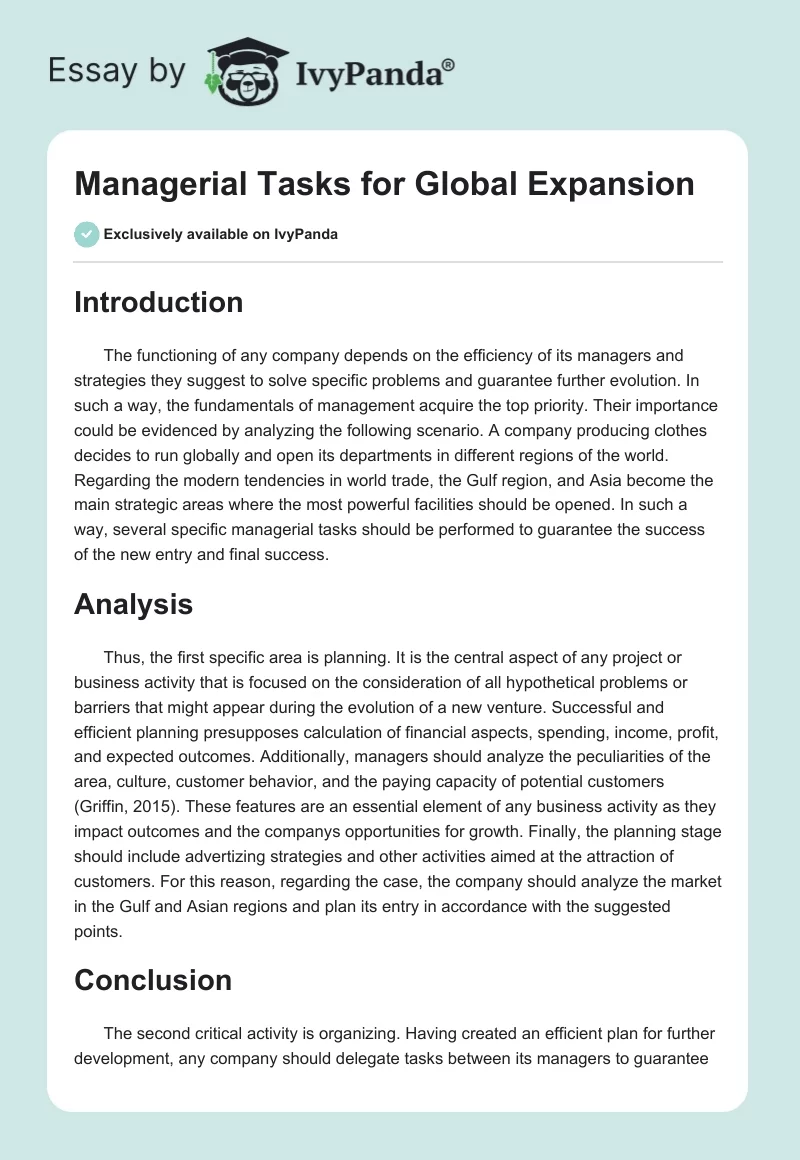 Managerial Tasks for Global Expansion. Page 1