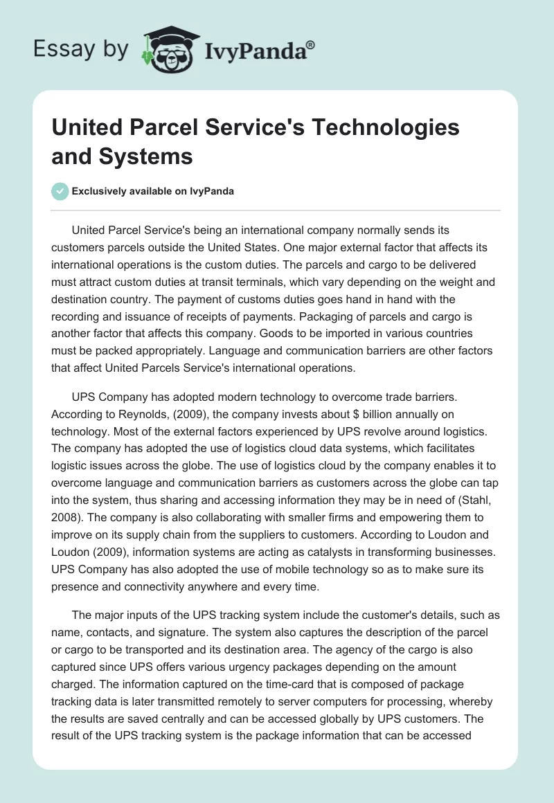 United Parcel Service's Technologies and Systems. Page 1