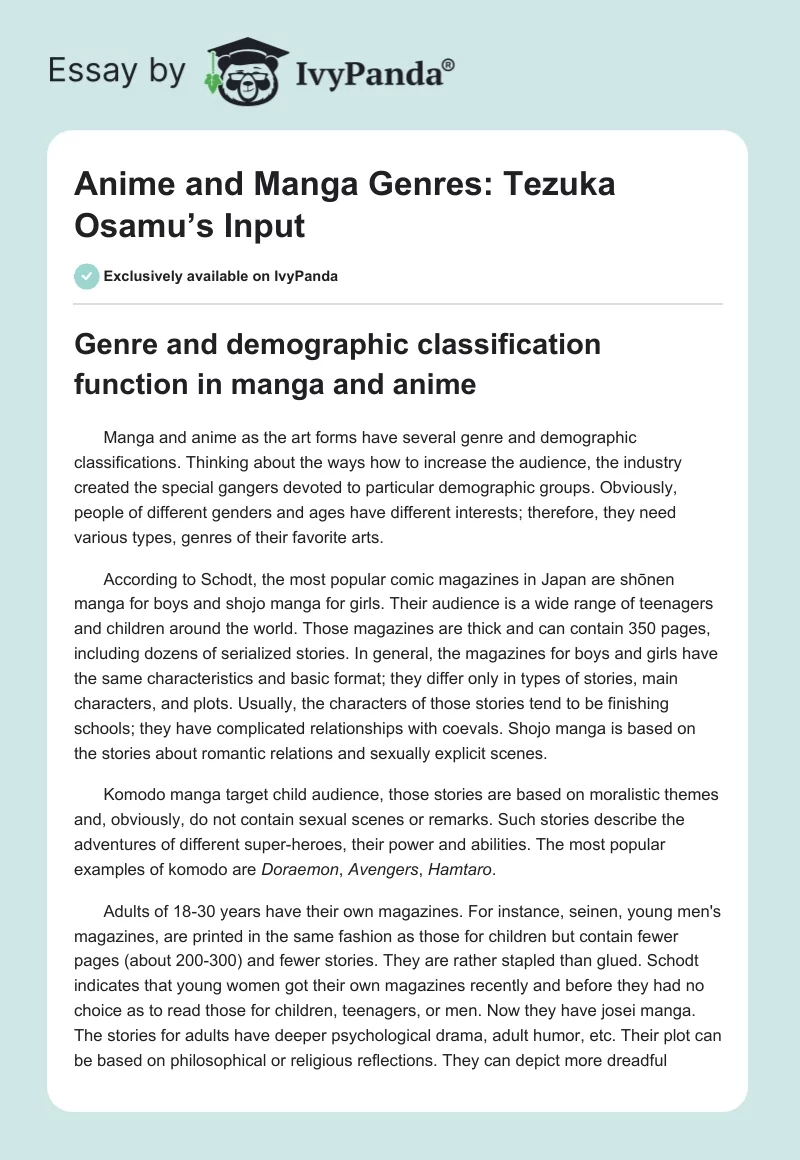 Anime and Manga Genres: Tezuka Osamu’s Input. Page 1