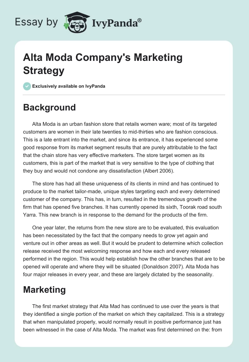Alta Moda Company's Marketing Strategy. Page 1