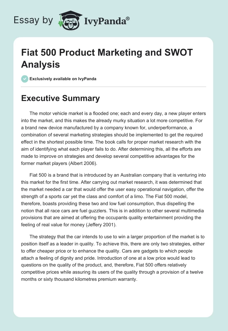Fiat 500 Product Marketing and SWOT Analysis. Page 1